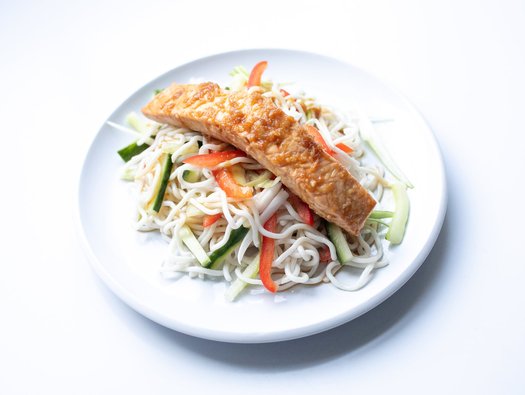 Soy and ginger salmon with rice noodles
