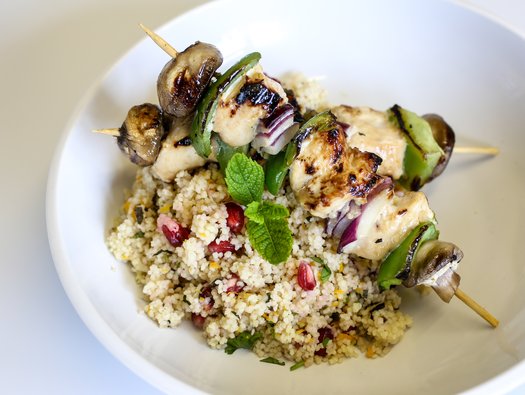 Chicken kebabs with herby couscous salad