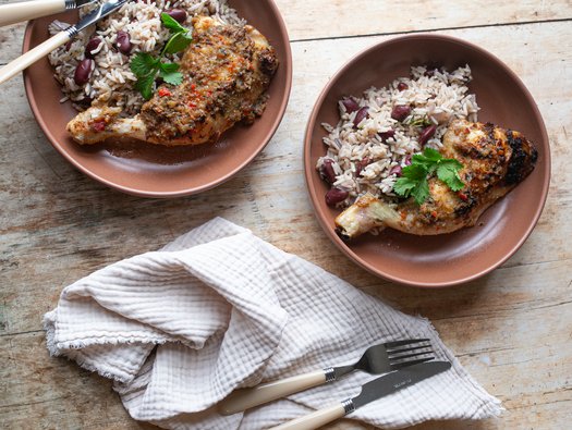 Jerk chicken with rice and peas