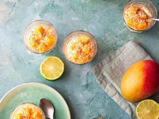 Mango and coconut cheesecake pots