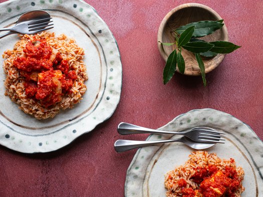 Nigerian jollof rice with salmon