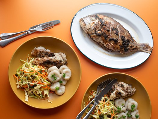Red snapper with dumplings and coleslaw